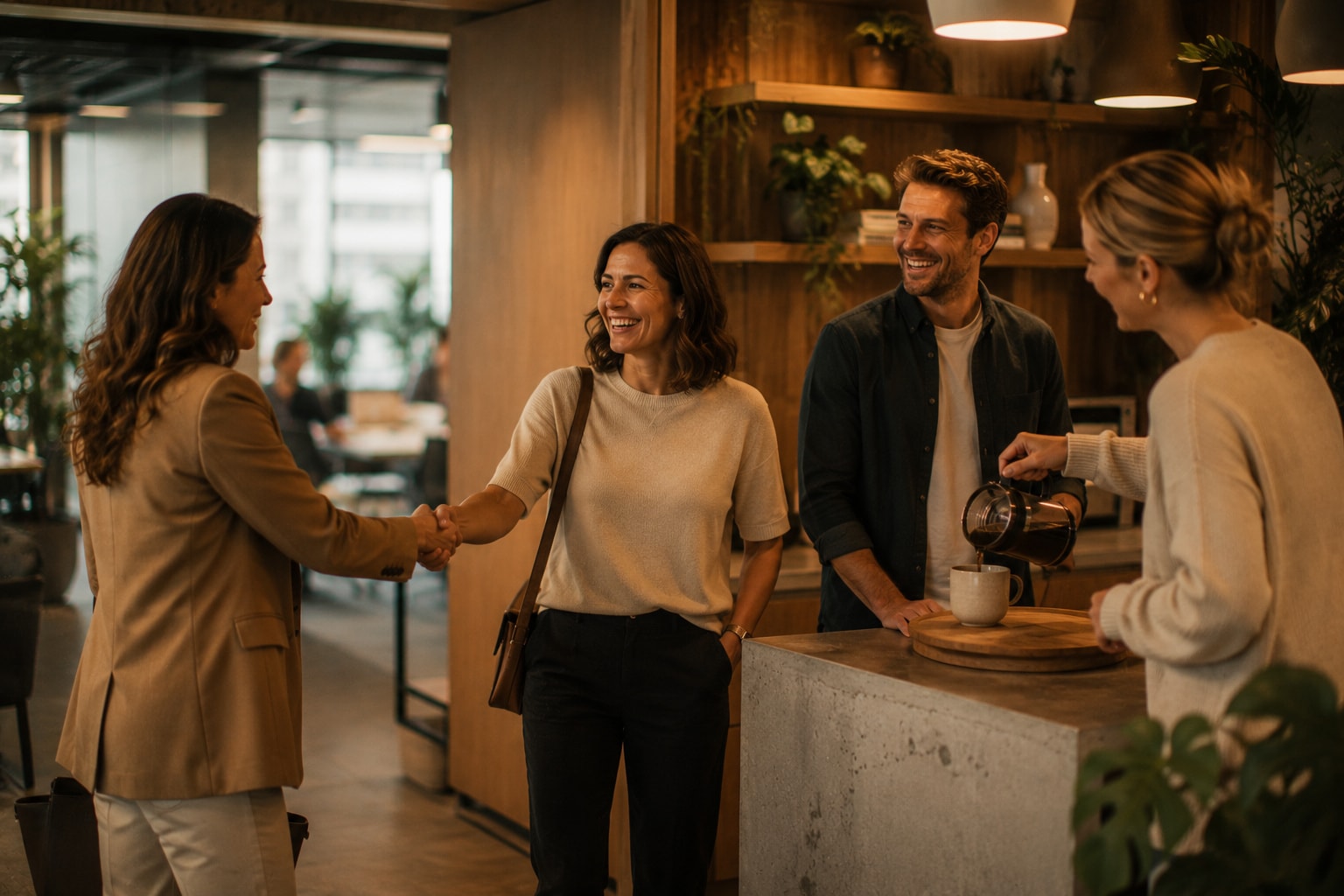 A recruiter greets a client and two candidates over coffee in a warm office.